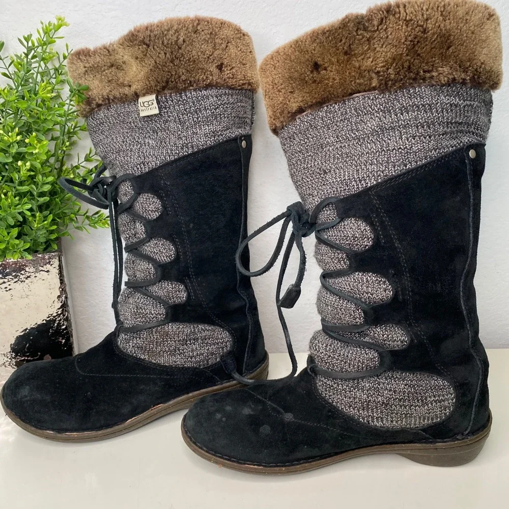 UGG Australia Torrey Tall Winter Boots Black Suede Knit Lace Up Shearling Size 9